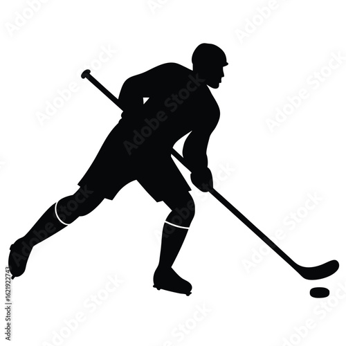 Hockey player silhouette with puck black white