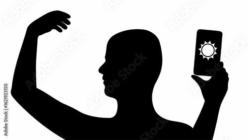 Silhouette of a person holding a phone with a sun icon and raising their other arm in the air high up