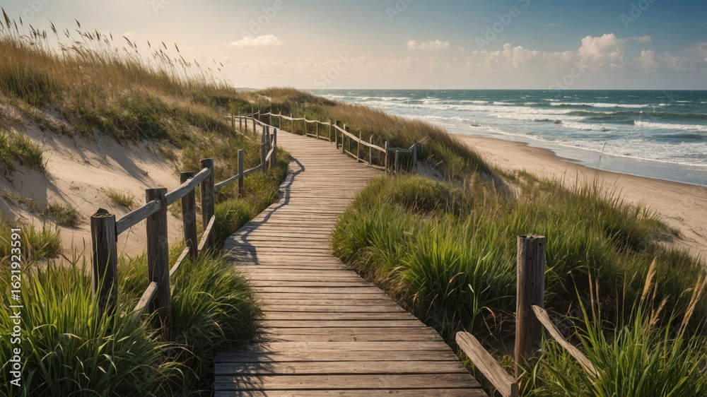 Obraz premium Wooden boardwalk leading to sandy beach and ocean