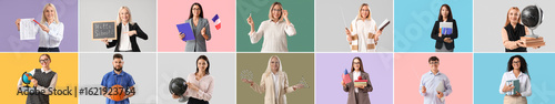 Portrait of Asian teacher with laptop on color background