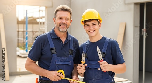 Portrait of two smiling construction workers father and son posing on building site with tools