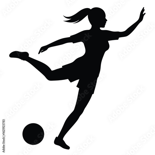 Athletic female soccer player kicking ball silhouette