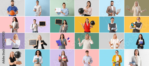 Handsome PE teacher with ball on light background