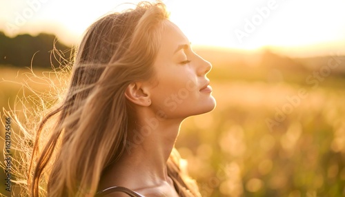 Serene woman in golden field embracing sunset's warmth with closed eyes and flowing hair
