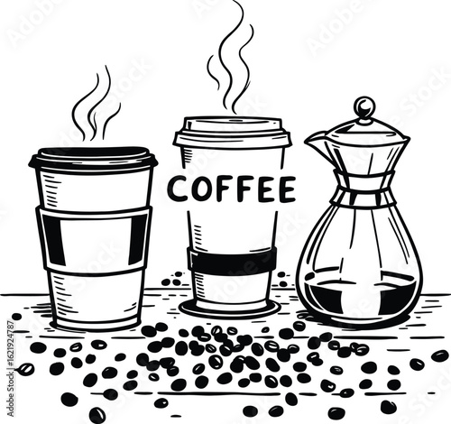 Coffee cups beans and maker illustration black and white drawing for cafe shop design art print 100