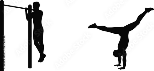 Silhouette of man doing pull-ups, handstand, fitness training, body strength, workout routine, gym exercise, vector illustration, cad drawing