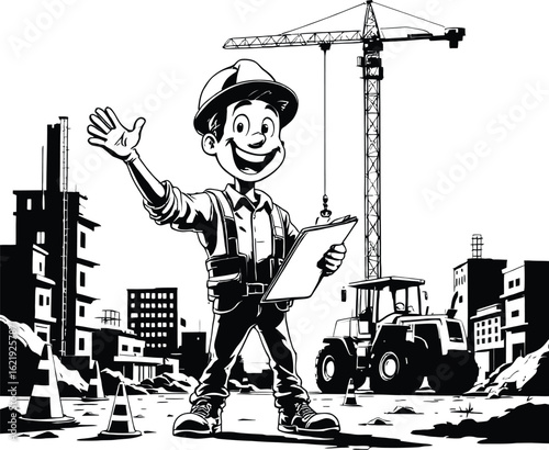 Cartoon construction worker with hard hat waving at a building site with crane and tractor vector art