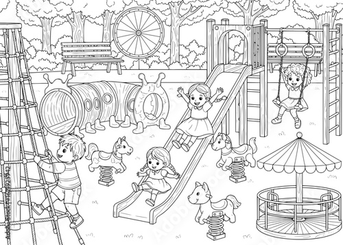 Children sliding down and playing at a busy colorful outdoor playground