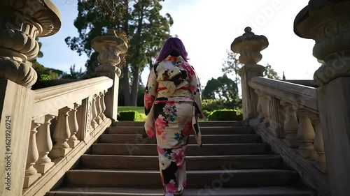 Kimono woman ascends garden stairs