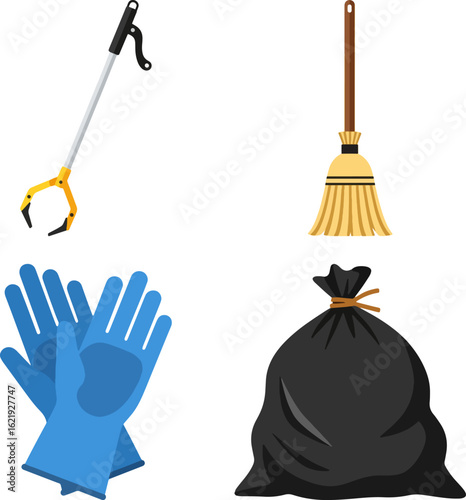 Cleaning supplies: grabber, broom, gloves, garbage bag.