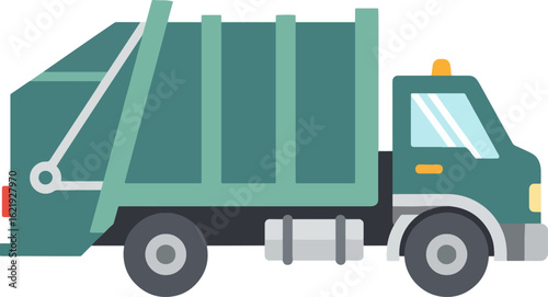 A teal-colored garbage truck, side view, with a large compactor body.