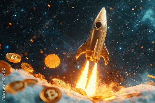 Rocket and gold coins launching into space, representing crypto and business success