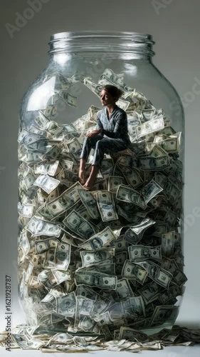 A girk sits on a mountain of money inside a vault.
