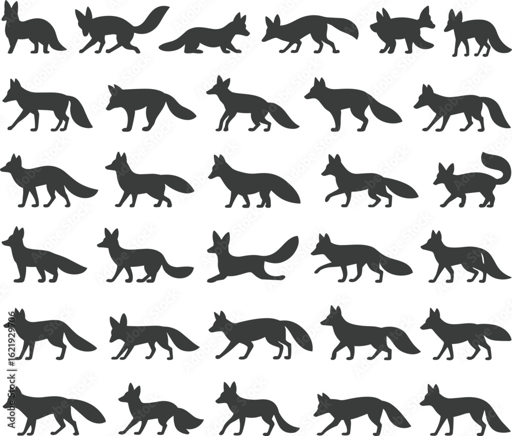 Naklejka premium Set of fox silhouette vector icons in different poses, animal flat design illustration, wildlife symbol for logo, print, pattern