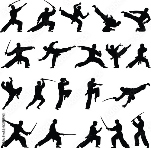 Silhouette vector of martial artists practicing kung fu, karate, sword fighting, dynamic poses for combat, training, fitness, and self-defense art