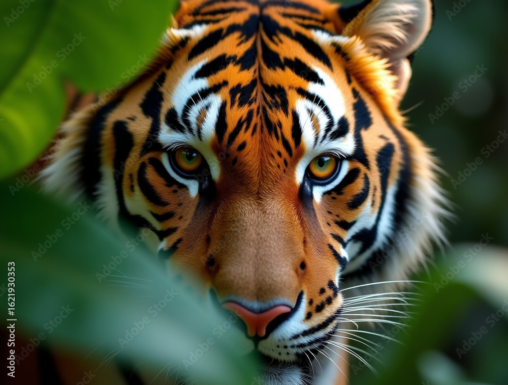 Obraz premium Sumatran Tiger Head-on Portrait with Intense Gaze Framed by Green Leaves