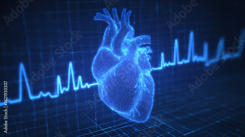 3D holographic heart model with ECG waveform background illustrating cardiac health monitoring