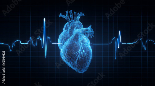 Digital representation of a human heart with heartbeat waveform on a dark background