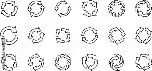 Collection of recycle and rotation icons, depicting circular arrows, loops, and cyclical processes in a simple and minimalist line art style
