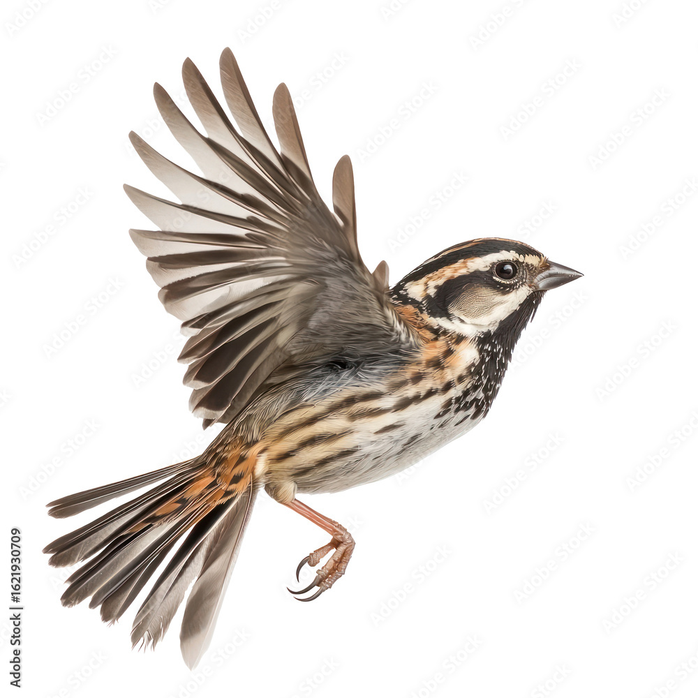 Fototapeta premium Sparrow flying A sparrow flaps its wings rapidly, soaring through the air. full length isolate on transparent background
