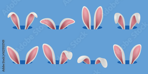 Vector 3d Peeking Bunny Ears Set in Different Styles for Easter and Spring Holiday. Cute Bunny Ears for Decoration. Bunny, Rabbit Ears Illustration for Party, Costume, Invitation. Bunny Ears Template