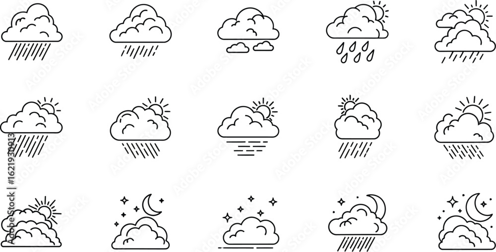 Obraz premium Collection of various weather icons like cloud, rain, sun, moon, star, storm, climate, meteorology, season, day, night