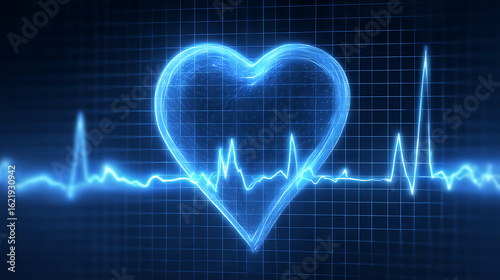 Heartbeat waveform with glowing heart graphic on a digital grid background representing health