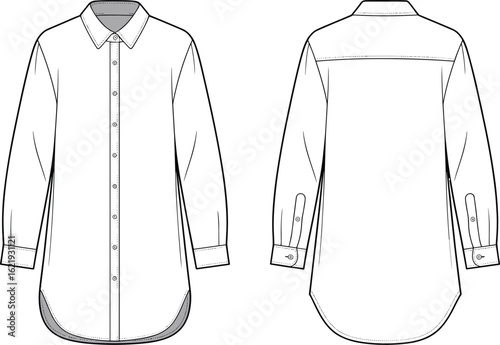 Button-up shirt vector, front and back view, long sleeves, curved hem, shoulder yoke, collar design, fashion mockup, clothing illustration, apparel template