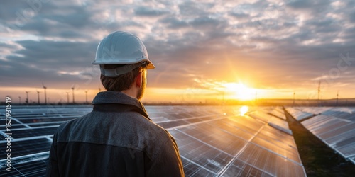 Engineer in hard hat surveys solar farm at sunrise with wind turbines in background