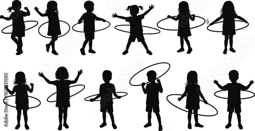 Silhouettes of playful children using hula hoops, active kids exercising with hoops, vector illustration for fun outdoor activity, fitness movement, health and childhood concept.