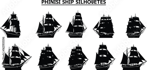 Traditional phinisi ship silhouettes set, vintage sailing boat collection, Indonesian maritime heritage vector, nautical transport design for sea adventure, logo, and marine illustration use.