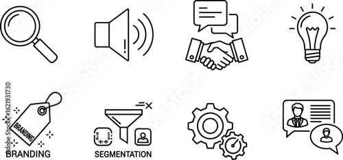 Line art illustration of magnifier, speaker, handshake, bulb, tag, funnel, gear, and customer support icons
