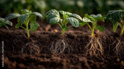 Green sprouts emerge from dark soil, roots visible. Illustrates growth, new beginnings, or agricultural processes.