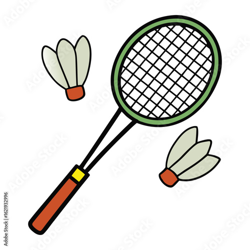Two badminton rackets crossed beside a white shuttlecock, ready for action. A perfect setup for a fun match, symbolizing speed, precision, and friendly competition.
