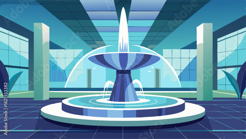 A sleek modern fountain with cascading water in the center of the atrium.