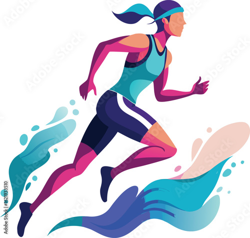 Athletic woman running with colorful abstract shapes athlete fitness
