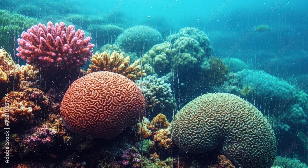Naklejka premium Colorful Coral Reef Underwater Scene with Rain Effect.