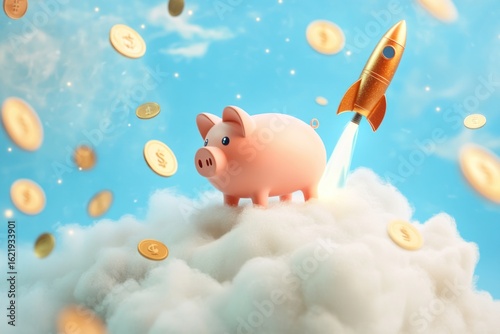 Pastel scene with piggy bank on cloud, rising rocket, and floating coins, dreamy financial concept