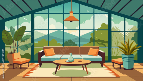A sunroom with large windows a rustic wooden coffee table and a mix of modern and vintage seating.