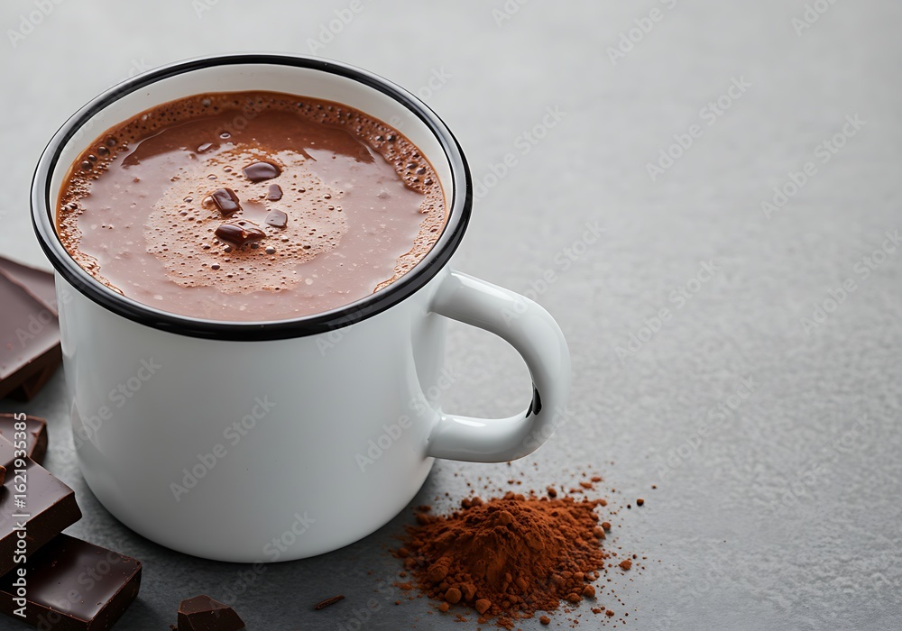 Obraz premium Cozy Hot Chocolate with Chocolate Pieces and Cocoa Powder