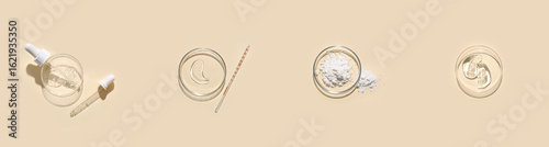 Collage of Petri dishes with samples of natural cosmetics on beige background...