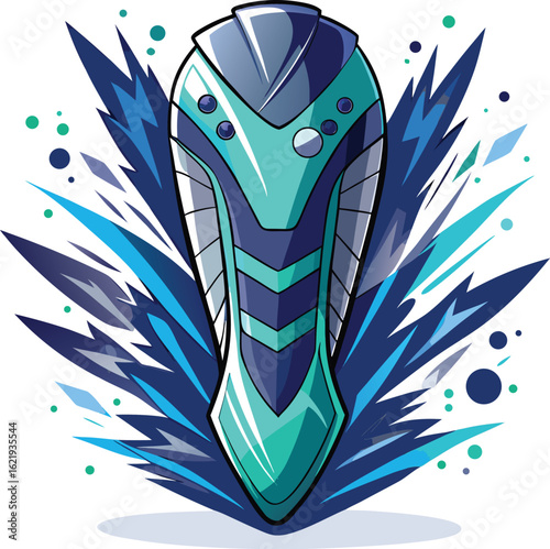 Futuristic teal and blue abstract object with sharp geometric shapes and circles vector
