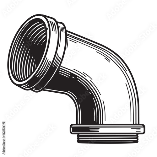 Detailed engraved illustration of a black and white pipe elbow plumbing component