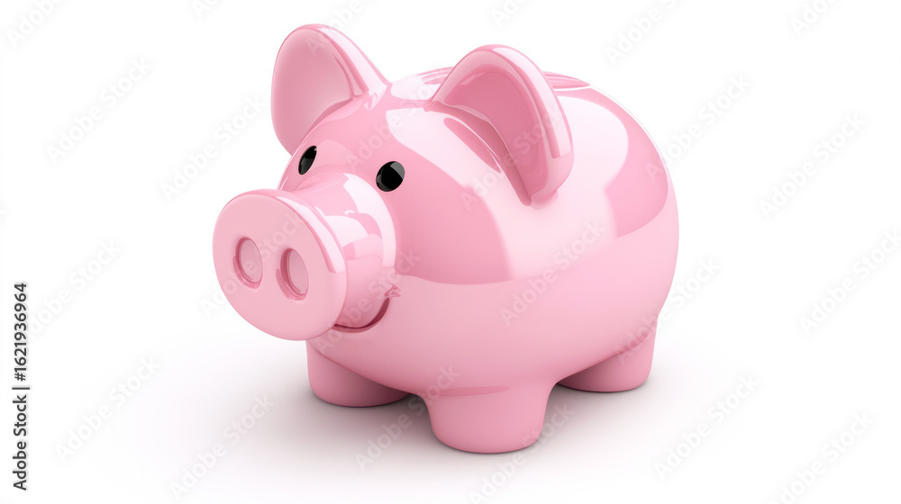Obraz premium A pink piggy bank with a smiling face, standing on a white surface with a white background.