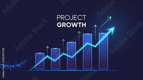 Blue arrow graph shows project growth with rising bars and digital particles chart progress