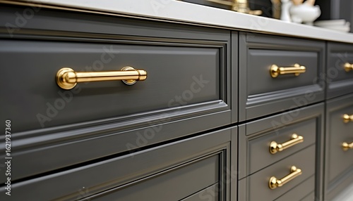 Elegant Luxury Kitchen Cabinets with Gold Handles and Marble Countertop in a Modern Interior Design Setting