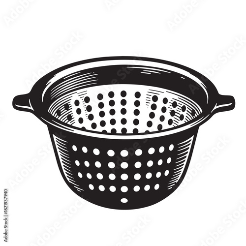 Simple black and white vector illustration of a kitchen colander for culinary purposes