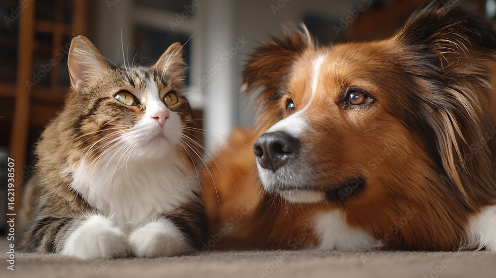 Obraz premium A cat and a dog peacefully resting together on a cozy carpet in a warm living room