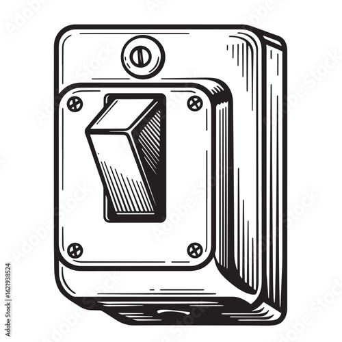 Vintage black and white illustration of a light switch turned on or off