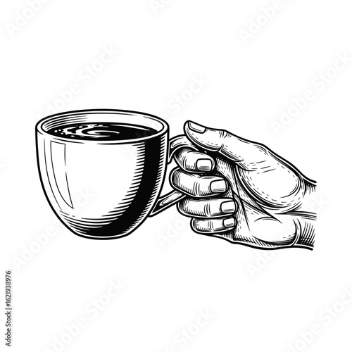 Hand-drawn illustration of a hand holding a cup of coffee, creating a cozy and comforting moment.